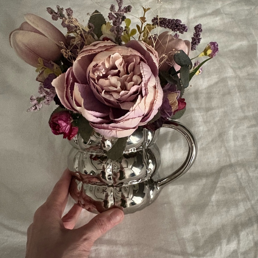 Silver Mug with Pink and Purple Flowers